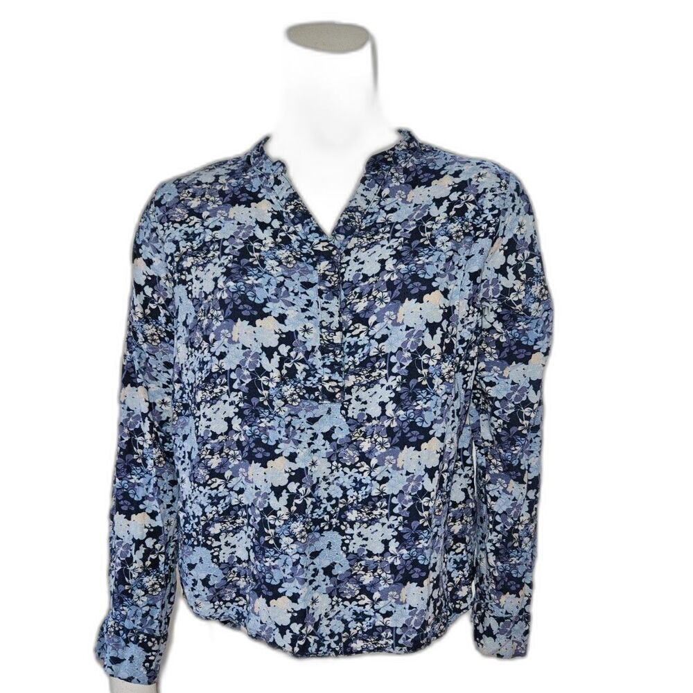 Janina Blue Floral Button Down Long Sleeve Blouse Womans Size Large